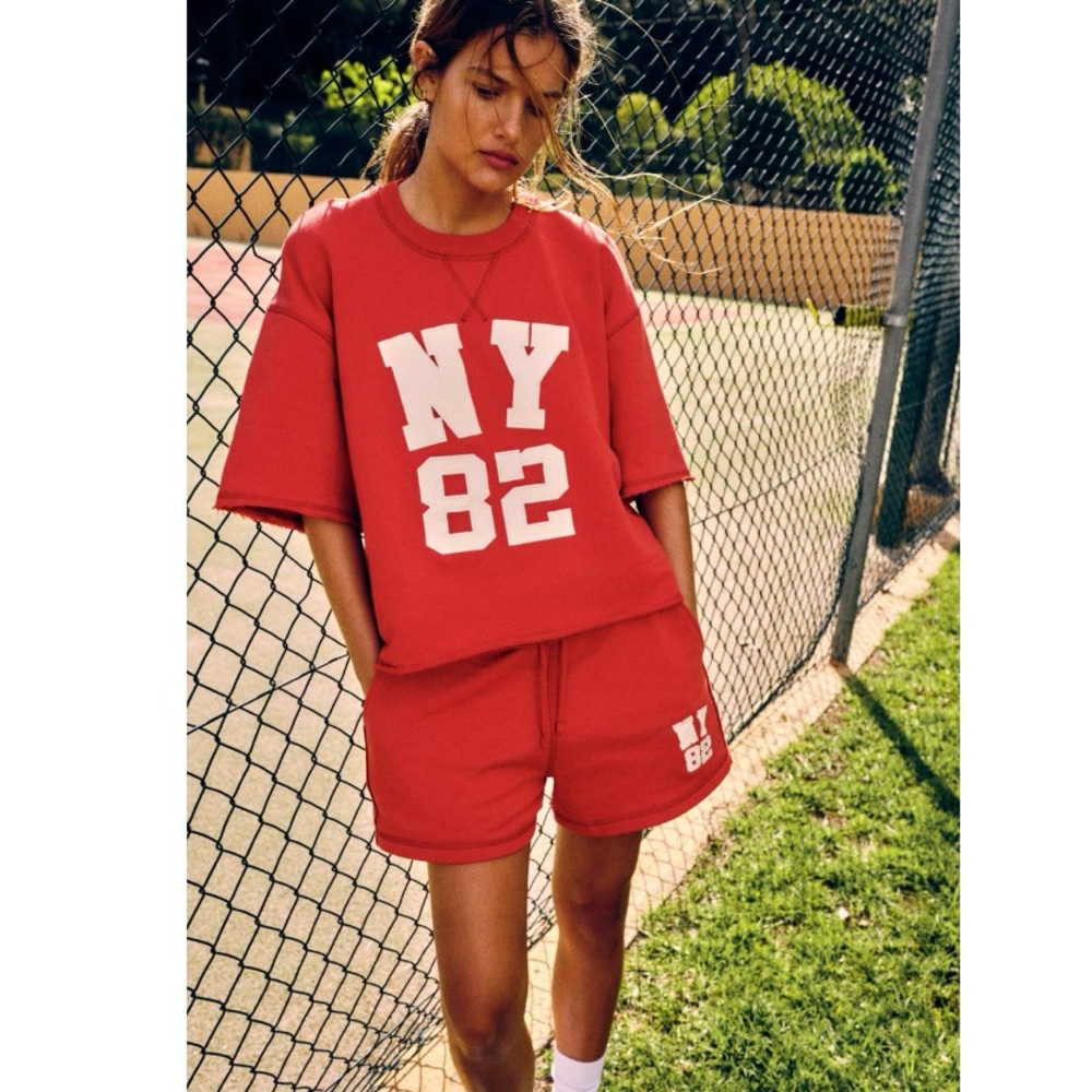 NWT Zara 2 Piece “NY 82” Varsity Plush Sweat Shirt and Matching Shorts Set - Picture 9 of 15